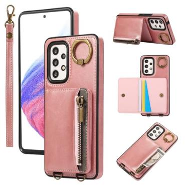 Imagem de Capa para Samsung GalaxyA15 com suporte para cartão com zíper, 4 compartimentos e suporte – Capa de telefone com textura de bezerro, alça de pulso e anel de metal, capa de telefone à prova de choque