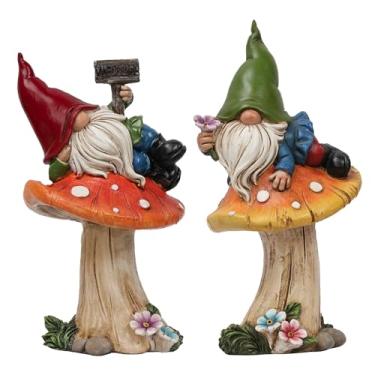 Imagem de TERESA'S COLLECTIONS Estátuas de gnomos de jardim para decoração de quintal, conjunto de 2 gnomos fofos em estátuas de cogumelo para gramado de varanda de pátio ao ar livre, para