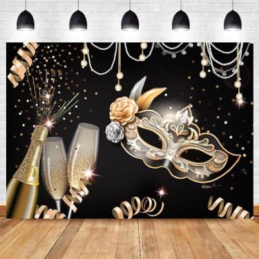 Imagem de DOTOOMA 1,8 x 1,5 m preto baile de máscaras carnaval fotografia dourado glitter champanhe máscara confete festa festa de aniversário festa de aniversário pano de fundo poliéster