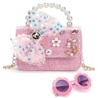 Imagem de LJCTULY Bolsa para meninas de 3 a 12 anos - Bolsa tiracolo infantil com óculos de sol floridos - Bolsas infantis com alça de ombro de corrente - presentes de aniversário para meninas, Rosa choque