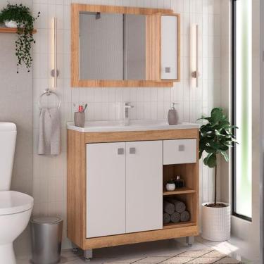 Imagem de Armário de Banheiro 80 Cm 3 Portas 1 Gaveta com Cuba Castanho/Branco 0