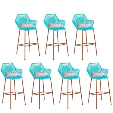 Imagem de Kit 07 Banqueta Alta Sttar Ferro Bronze Fibra Azul Turquesa Almofada Sintético Branco