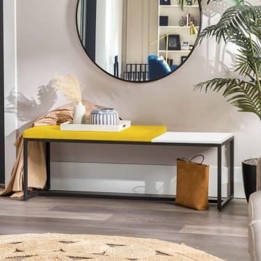 Imagem de Banco Recamier Puff 160cm Industrial Preto Corino Amarelo Tampo Quadrado Mdf Branco