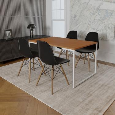 Imagem de Mesa Industrial Base Ferro Branco Tampo 137X90 Canela 4 Cadeiras Eames Madeira Assento Preto