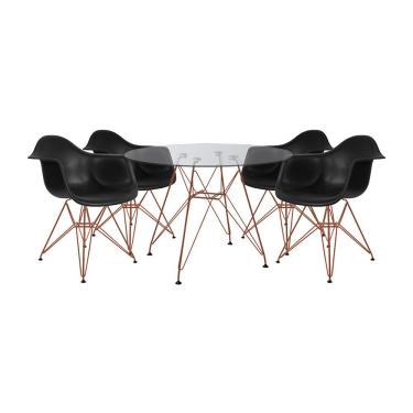 Imagem de Conjunto Jantar Mesa Vidro Redonda 110Cm Com 4 Poltronas Pretas Ferro Cobre Cor: Preto
