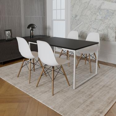 Imagem de Mesa Industrial Base Ferro Branco Tampo 137X90 Preto 4 Cadeiras Madeira Assento Branco Preto