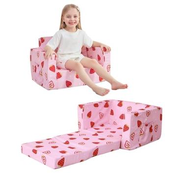Imagem de lasoftan Sofá infantil para crianças, 2 em 1 dobrável, sofá conversível para espreguiçadeira para meninas e meninos, com capa removível e bolsos duplos - rosa morango