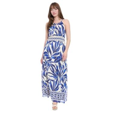Imagem de London Times Vestido feminino maxi rodado cintura império macio leve verão vestidos, Creme/azul índigo, 40