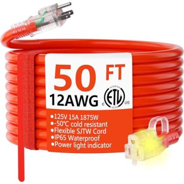 Imagem de huanchain Cabo De Extensão Externo Resistente, Calibre 12/3, 15 M, À Prova D'Água, Com Ponta Iluminada, Flexível, Resistente Ao Frio, 3 Pinos, Elétrico Externo, A, 1875 W, 12 Awg Sjtw, Laranja, Etl