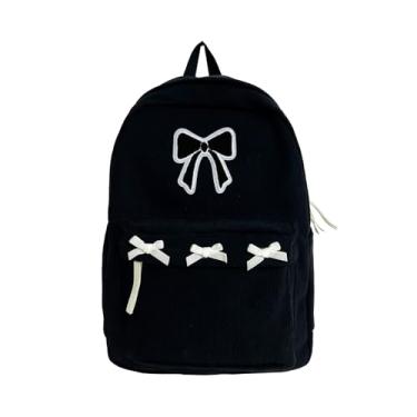 Imagem de KAOBIO Mochila feminina Preppy Y2k Estética de veludo cotelê Kawaii Mochila para laptop Cute Coquette Bow Harajuku College Daypack, Preto, Moderno