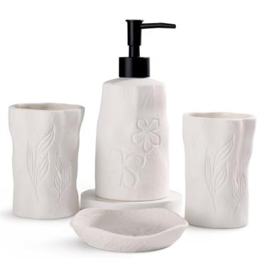 Imagem de INGOFIN Conjunto De Acessórios Para Banheiro Com 4 Peças, Design Em Relevo Branco Casa E Hotel, Decoração Fazenda, Contém Escova Dentes, Dispensador Sabão Copo Louça