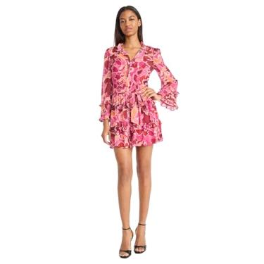 Imagem de Donna Morgan Minivestido feminino com babados em camadas, manga comprida, evasê, punhos e gola alta, Rosa claro/vermelho indiano, 52