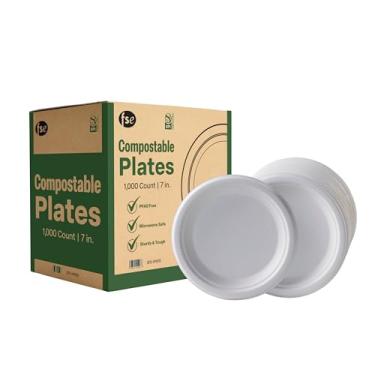 Imagem de FSE Pratos de papel redondos 100% compostáveis, 23 cm, pratos descartáveis resistentes, saco ecológico cru, seguro para micro-ondas, (caixa com 500)