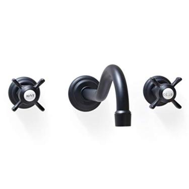 Imagem de SITGES Torneira de pia de banheiro de latão para montagem na parede, conjunto central de 20 cm com válvula áspera incluída (preto fosco)