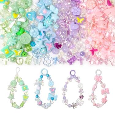 Imagem de HSONAIGEE 200-220 peças de contas de acrílico para fazer pulseiras, kit de fabricação de joias de 4 cores sortidas com berloques de contas fofas de flores, coração, gomas, urso, estrela, contas, para