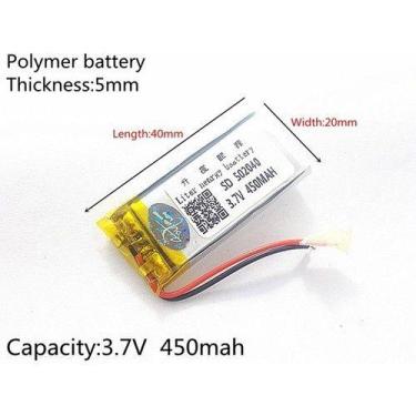 Imagem de Bateria 3,7v 450mah 2 Fios 5mm X 20mm X 40mm 1 Unidade - bgb