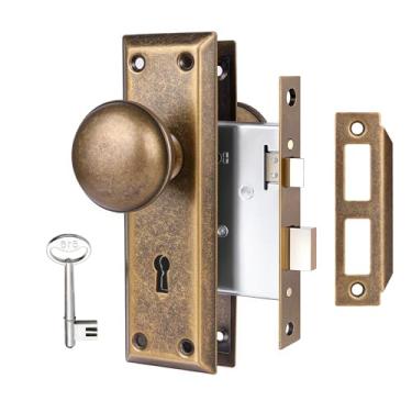 Imagem de Toptotoo Conjunto de fechadura de encaixe para porta interna, maçanetas antigas vintage com trava e chave de esqueleto, substituição de maçaneta de porta antiga serve para 3,5 cm (1-3/20.2 cm) 1-3