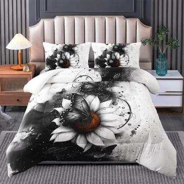 Imagem de Tuzaovy Conjunto de edredom de solteiro, floral, preto e branco, botânico, lençol de solteiro, floral, para mulheres, 1 conjunto de colcha com 2 fronhas.