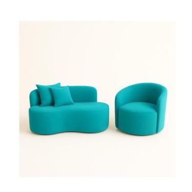 Imagem de Conjunto 01 Poltrona + Sofá Curvo Orgânico Nature Gaia Suede Azul Turq