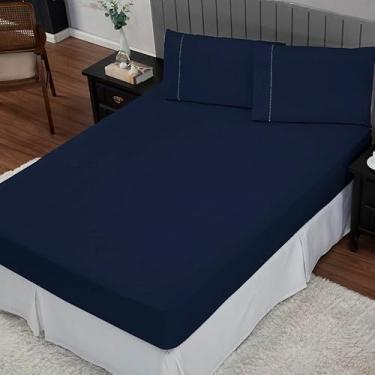 Imagem de Jogo de Lençol Casal 400 Fios Micropercal – 3 Peças com Fronhas Ponto Palito – Lençol Ajustável com Elástico para Colchão até 30cm – Toque Macio e Durável (Casal) (Azul Marinho)