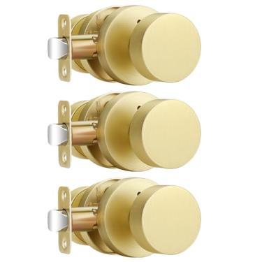 Imagem de EHOMEWARE Pacote com 3 maçanetas de porta de latão escovado, maçaneta interna para quarto/banheiro, fechadura de porta de privacidade sem chave, design redondo resistente, adequado para portas