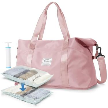 Imagem de Bolsa esportiva de viagem, bolsa esportiva, bolsa de ginástica, bolsa de ombro para noite de fim de semana para mulheres, Rosa (bolsa esportiva + bolsa de armazenamento a vácuo + bomba manual), Grande