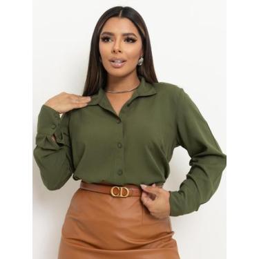 Imagem de Camisa Social Feminina Manga Longa Comprida - Rezes Moda, Verde Milita