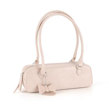 Imagem de Bolsa de ombro estilosa com estampa de crocodilo, bolsa retangular leste-oeste com pingente de metal, disponível em verde limão e bege, Bege