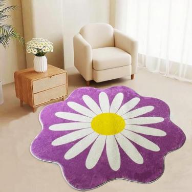 Imagem de Tapete roxo em forma de margarida para quarto – Tapetes florais circulares de 1,2 x 1,2 m para sala de estar, lavável na máquina, tapete felpudo macio e fofo para meninas e meninos adolescentes