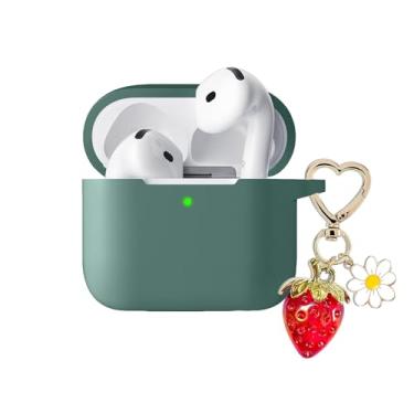 Imagem de AGAOSH Capa para Airpods 4 com lindo chaveiro de coração com pingente de morango, capa protetora de silicone macio, acessórios para Apple Airpods 4ª geração, capa para mulheres e homens, verde pinho