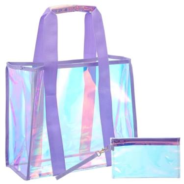 Imagem de AojSup Sacola iridescente, bolsa de praia iridescente com brilho holográfico - Bolsa de praia holográfica à prova d'água para mulheres, viagens, piscina e academia (34 x 17 x 29 cm)