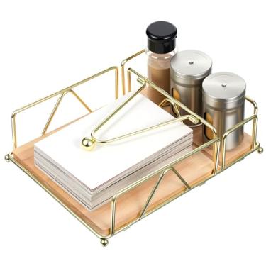 Imagem de Porta-guardanapos para mesa com base de madeira, suporte de guardanapo plano dourado, dispensador de guardanapo de metal com suporte de saleiro e pimenteiro, porta-guardanapos quadrados modernos para
