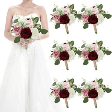 Imagem de HOMENERGY Conjunto de 6 buquês de dama de honra para casamento - buquês de flores artificiais de 22,8 cm para decorações de centro de cerimônia de aniversário - vinho e blush