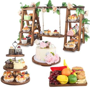 Imagem de Wisreach Conjunto de 4 suportes de madeira para bolos, 3 camadas, suporte de cupcake com decoração floral, bandejas quadradas e redondas, exibição de escada dobrável para bolos, lanches, frutas, pão