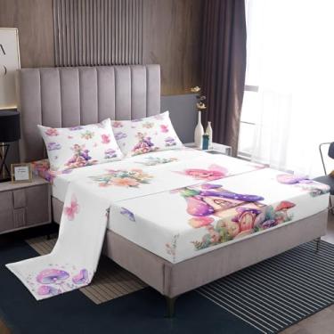 Imagem de Erosebridal Jogo de lençol casal com estampa de princesa florida roxa e rosa kawaii, para decoração de quarto kawaii, jardim floral, cogumelo, lençol de cima, 4 peças