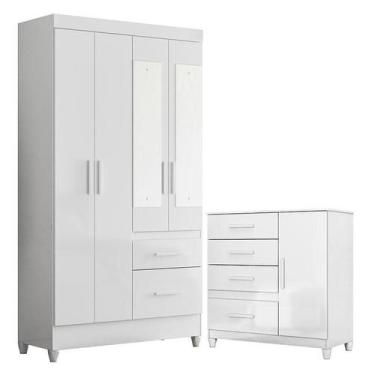 Imagem de Guarda Roupa Solteiro Madri com espelho e Cômoda Vênus com pés Branco 