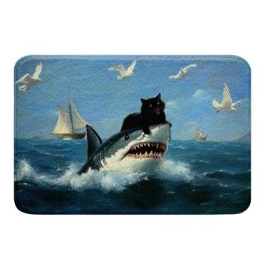 Imagem de jejeloiu Tapetes de banheiro engraçados gato preto tubarão 50,8 cm x 81,3 cm crianças oceano mar animais animais tapetes para banheiro meninos meninas mar mundo subaquático tapetes de banho para