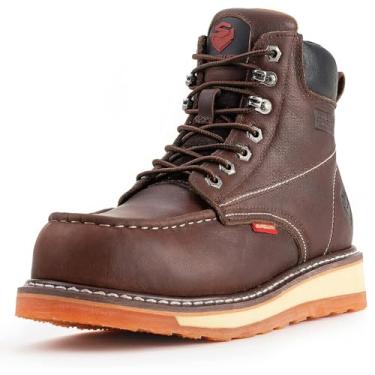 Imagem de SUREWAY Botas de trabalho masculinas resistentes, macias/compostas/biqueira de aço, confortáveis, GoodyearWelt, couro de flor integral, botas de construção moc toe de 15 cm, Marrom, 40
