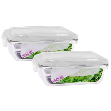 Imagem de Jogo 2 Potes Vidro Retangular Marmitas Tampa 4 Travas 1040ml
