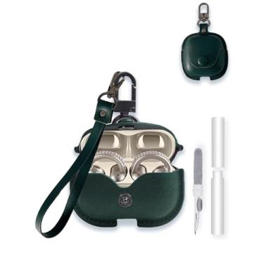 Imagem de Capa para fones de ouvido Motorola Moto Buds clipe, capa protetora de couro PU macio estilo WUNIAK Business com chaveiro e kit de limpeza para homens e mulheres à prova de choque, verde
