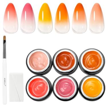 Imagem de AIMEILI Kit de esmalte de gel Ombre, vegano, livre de crueldade, efeito de blush gradiente, esmalte de gel sólido, 6 cores, gel de pintura com esponja de unha, pincel de desenho para salão de arte em