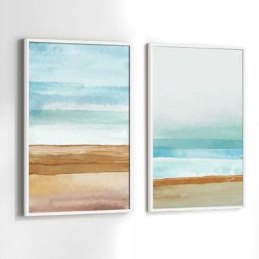 Imagem de Conjunto Quadros Decorativos com Moldura Praia Azul Marrom AbstratoKit