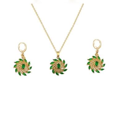 Imagem de Colar com pingente de flor em espiral de cristal e pingente de zircônia cúbica verde vermelho e pingente de Natal conjunto de joias para mulheres banhado a ouro 14K moderno pequeno brinco de argola