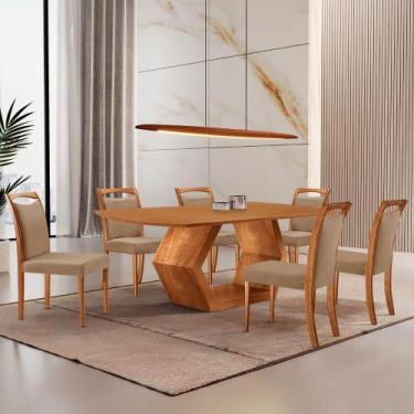 Imagem de Mesa Ane 180 Tampo Laminado Barril Com 6 Cadeiras Munique Linho Palha 