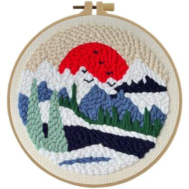 Imagem de Esffaci Kit de agulhas de perfuração para adultos, kit de bordado para iniciantes com nascer do sol vermelho, neve, montanha, cenário, padrão, faça você mesmo, suprimentos de ponto de punção com fio