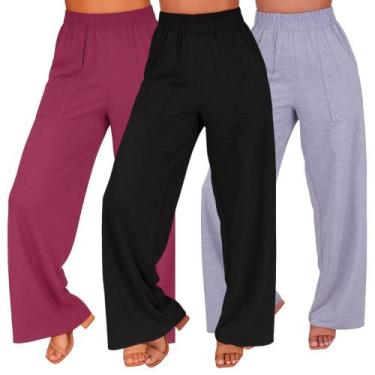 Imagem de Kit 3 Calça Feminina Pantalona Cintura Alta Bolso Inverno -c9 KIT 3 WI