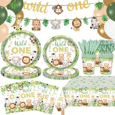 Imagem de ASLERMURE 146 Peças Decorações De Aniversário Wild One, Chá Bebê Safari Na Selva, Conjunto Mesa Com Pratos Animais, Guardanapos, Talheres, Toalha E Faixa Para 20 Convidados
