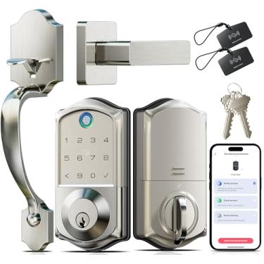 Imagem de Veise Conjunto de fechadura de porta frontal inteligente com impressão digital, controle de aplicativo, fechadura de porta de entrada sem chave com alça, fechadura inteligente, porta de alimentação de