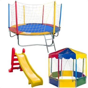 Imagem de Kit Playground Trampolim Cama Elástica Pula Pula 2,30m Piscina de Bolinhas 2,00m Oitavada Picadeiro Escorregador Médio