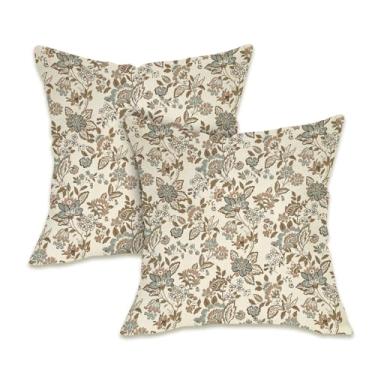 Imagem de Fahrendom Conjunto de 2 capas de almofada decorativas florais vintage 45,7 x 45,7 cm, estampa de blocos de flores marrons pastoral varanda pátio ao ar livre, capa de almofada rústica para sofá de